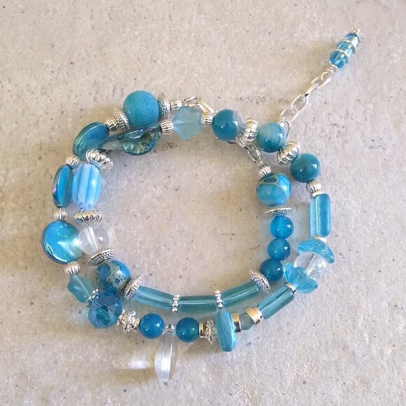 Ocean Blues! Double Wrap Bracelet with Various Type of Beads - Adjustable 7" +++ - Picture 1 of 11